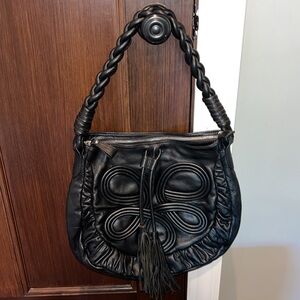 Black leather Frosting Mary Norton swirly oversized purse handbag tassels boho